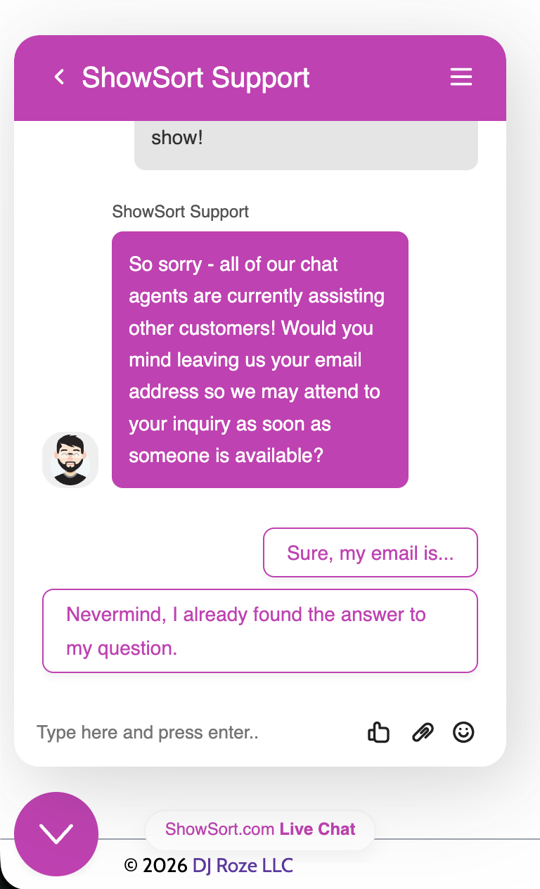 Chat prompt asking for the visitor's email when all agents are busy