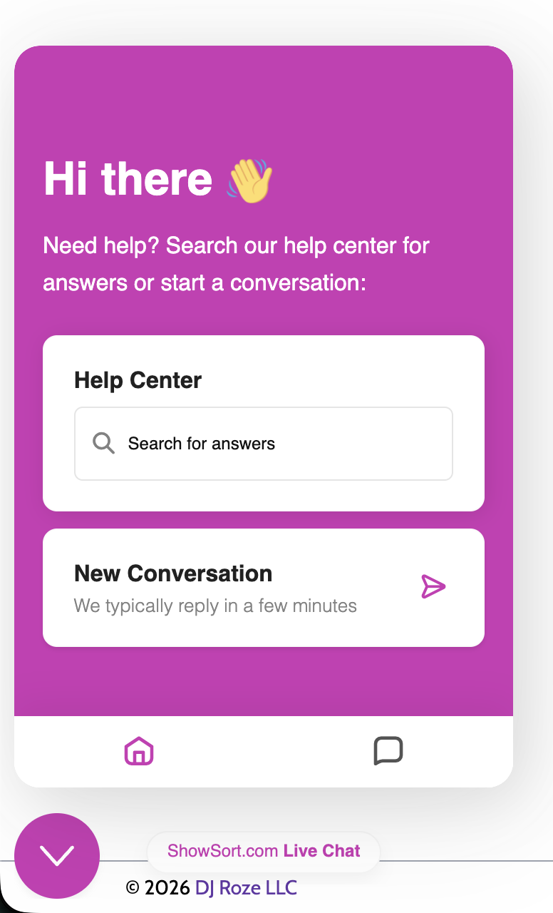 The ShowSort live chat window with a Help Center search and a New Conversation option