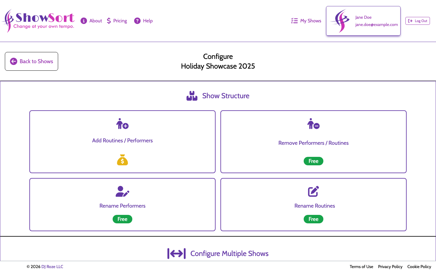 The Show Structure page, with the participation cards at the top and the multi-show breakdown table below