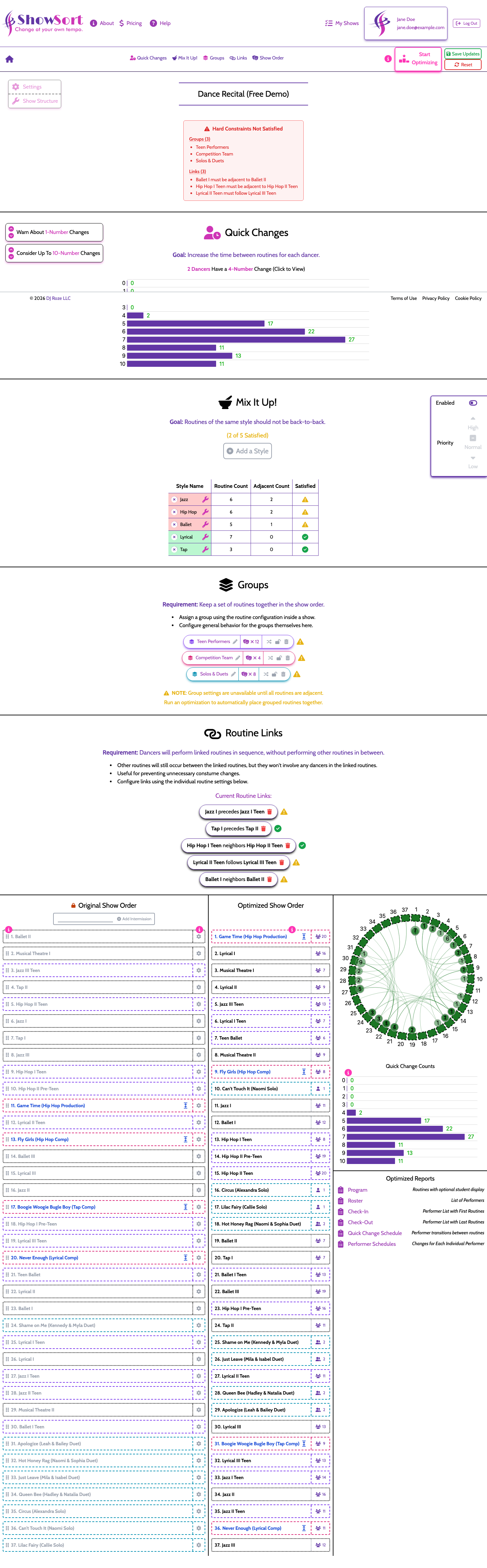 Full-page view of a configured and optimized single show