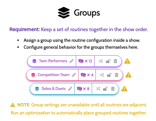 The Groups section of a show page