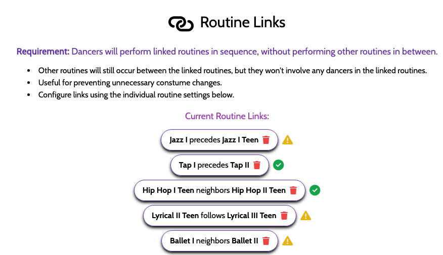 The Links section of a show page showing routine-to-routine connections